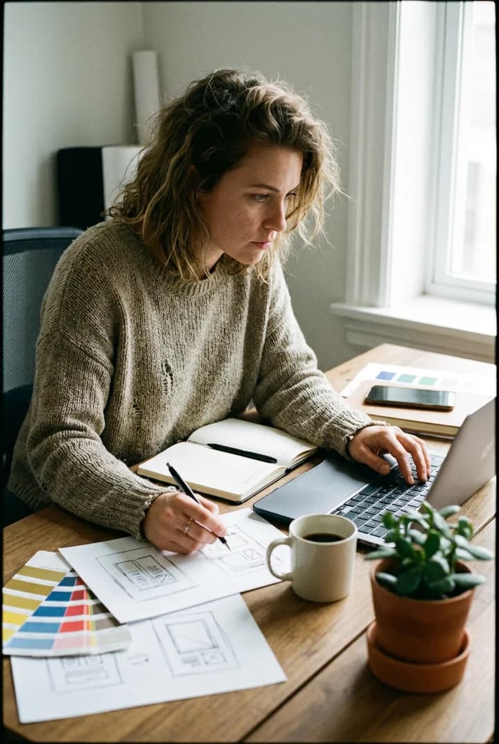 Bliq Studio designer working on brand concepts at a creative agency desk